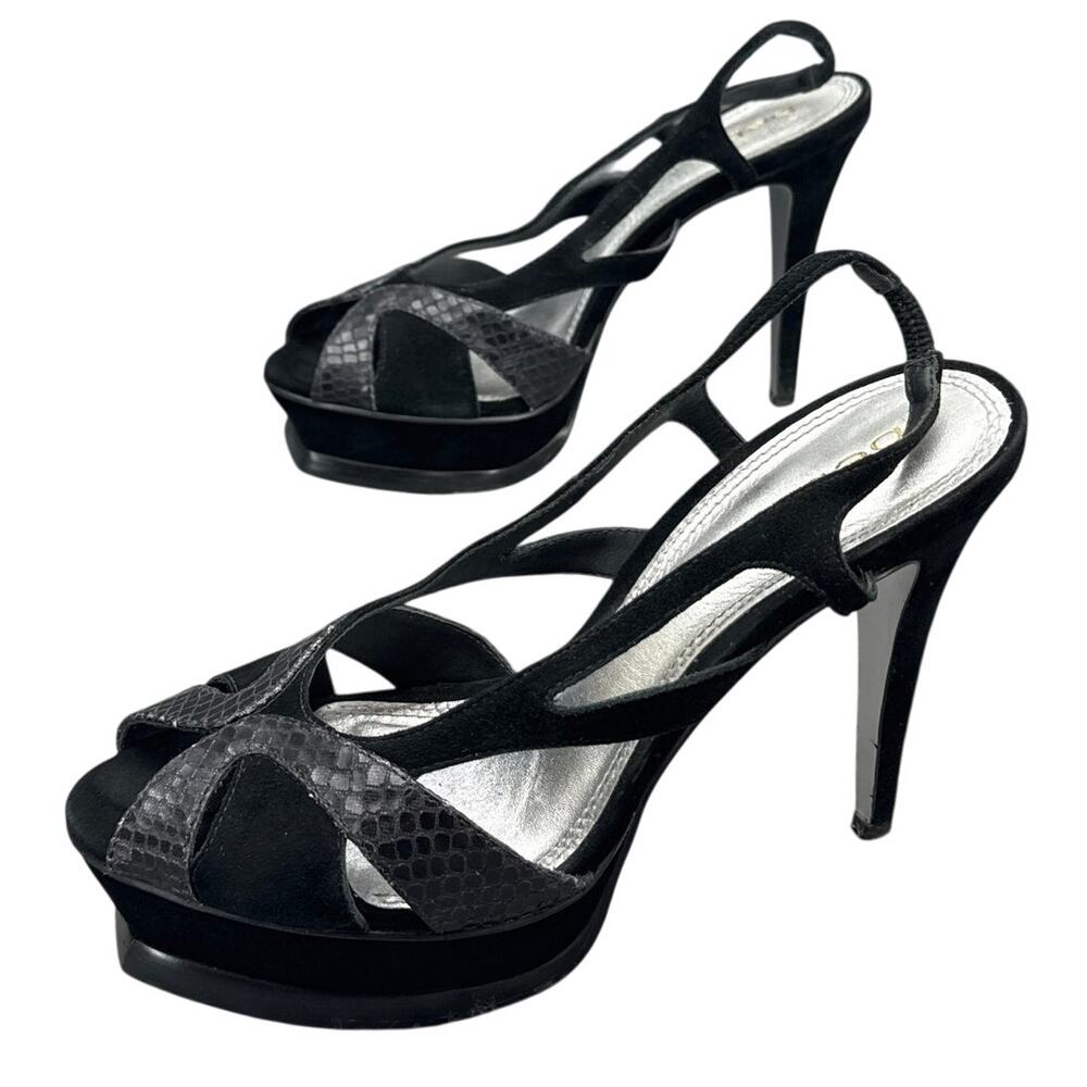 Bebe Y2K Black Snake Suede Slingback Platform Stiletto Peep Toe Shoe Women 10B